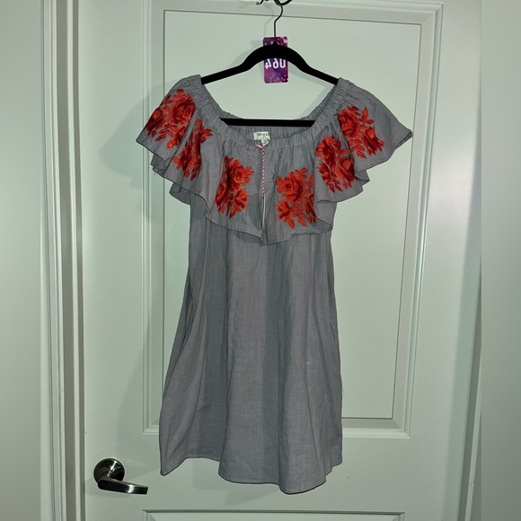 Umgee Off -should Mini Dress with Gray & Red Floral Embroidery - Picture 1 of 4